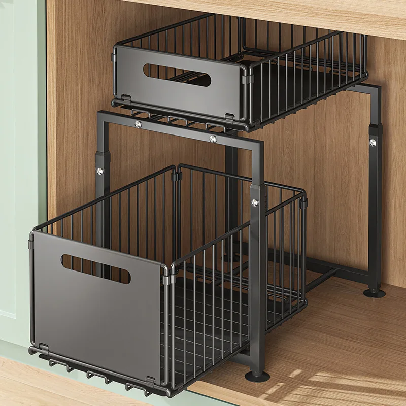 2 Tier Pull Out Cabinet Organizer Adjustable Kitchen Storage Basket Under Sink Organizer Spice Storage Rack Slide Out Drawer