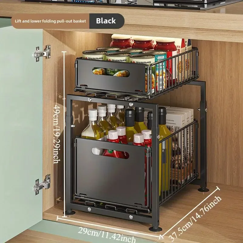 2 Tier Pull Out Cabinet Organizer Adjustable Kitchen Storage Basket Under Sink Organizer Spice Storage Rack Slide Out Drawer