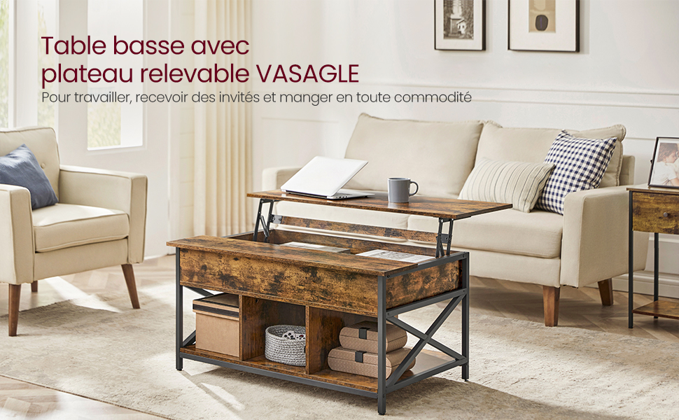 VASAGLE Coffee Table, Lift-Top Table Coffee Table for Living Room, Coffee Table with Open and Hidden Storage, X-Shaped Bars