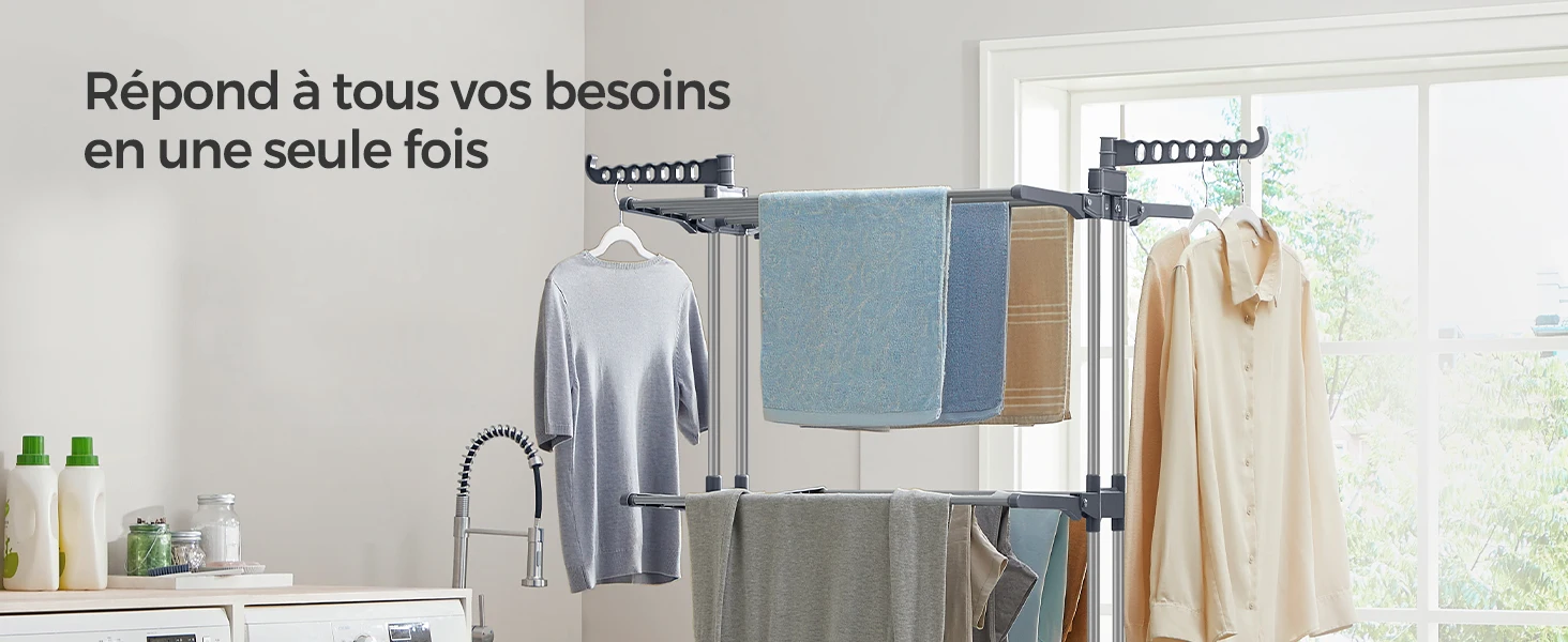 SONGMICS Large Clothes Airer, Foldable Clothes Drying Rack Laundry 4-Tier, Moveable Clothes Horse, 64 x 126 x 172 cm