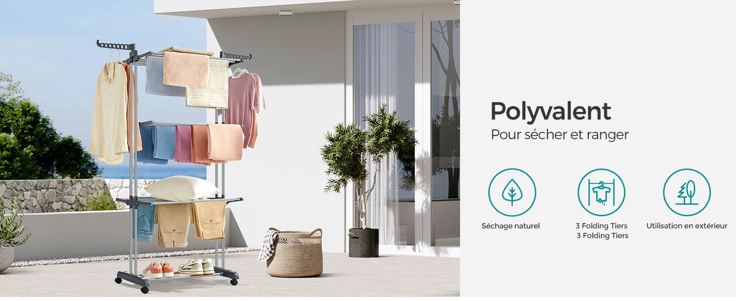 SONGMICS Large Clothes Airer, Foldable Clothes Drying Rack Laundry 4-Tier, Moveable Clothes Horse, 64 x 126 x 172 cm