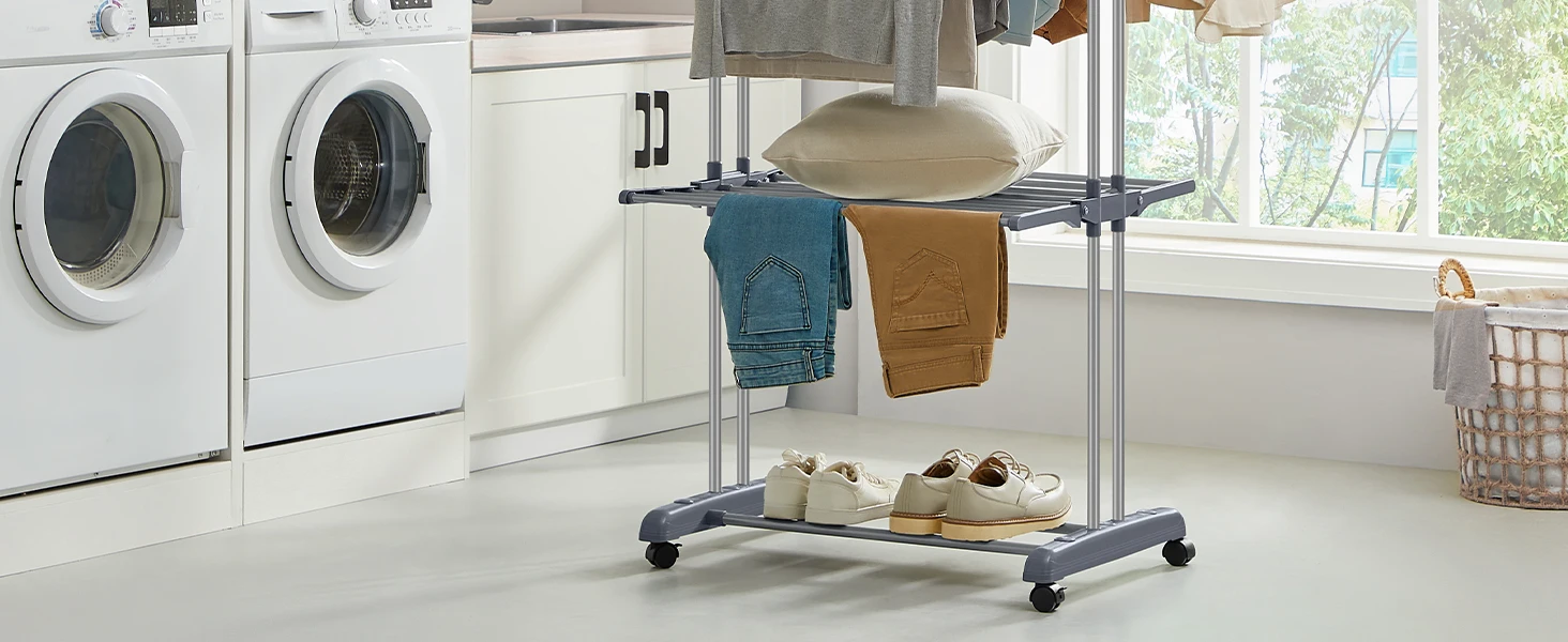 SONGMICS Large Clothes Airer, Foldable Clothes Drying Rack Laundry 4-Tier, Moveable Clothes Horse, 64 x 126 x 172 cm