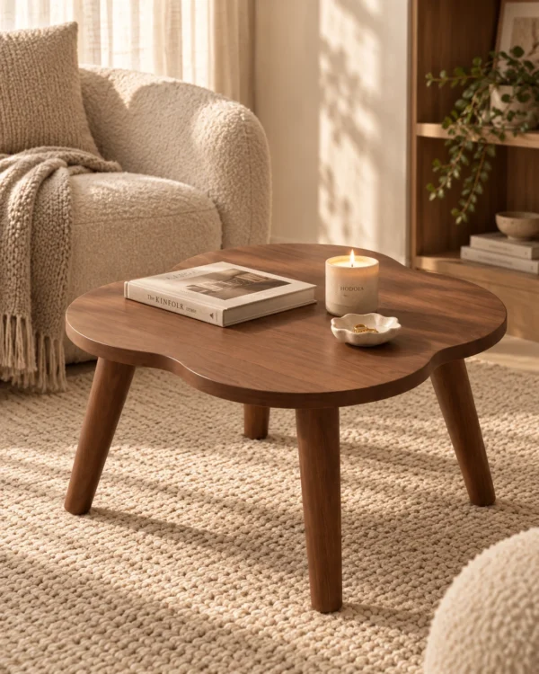 Table basse ronde compacte style mid-century – noyer