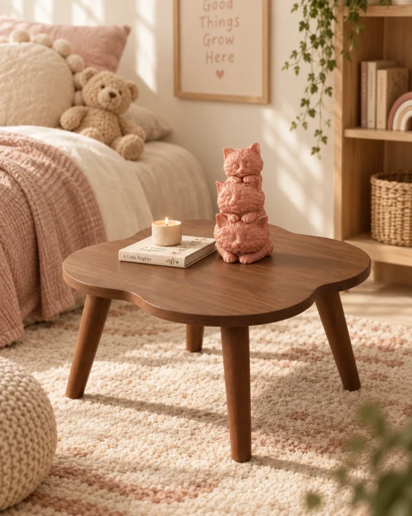 Table basse ronde compacte style mid-century – noyer