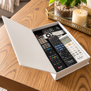 Boîte-livre élégante remplie de télécommandes Livre décoratif avec rangement caché