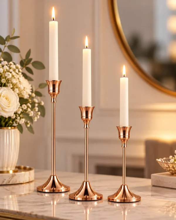 hodoia_bougeoirs_metal_cuivre_rose_ambiance_console_v1 Trio de bougeoirs en métal patiné
