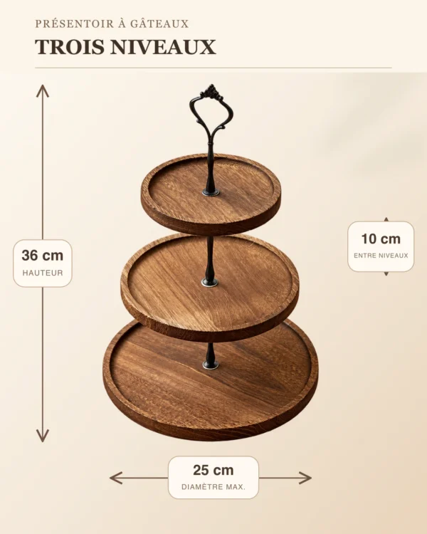 Dimensions du présentoir en bois à trois niveaux : 25 cm de diamètre et 36 cm de hauteur