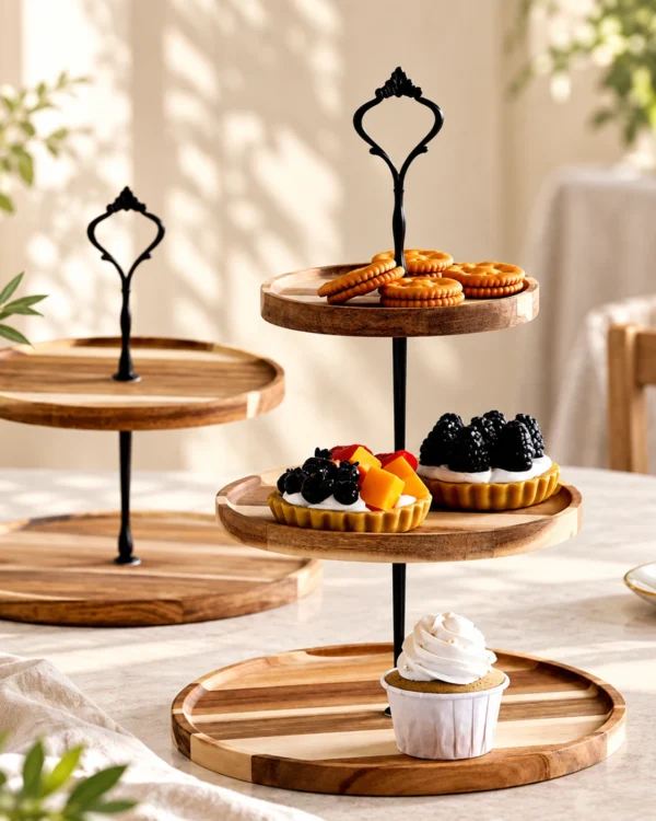 Présentoirs à gâteaux en bois sur un buffet lumineux