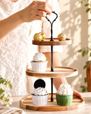 hodoia_presentoir_gateaux_bois_vue_principale_lifestyle_v4 Présentoir à gâteaux en bois à trois niveaux utilisé pour servir des pâtisseries