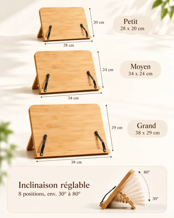Dimensions des trois formats du pupitre de lecture réglable