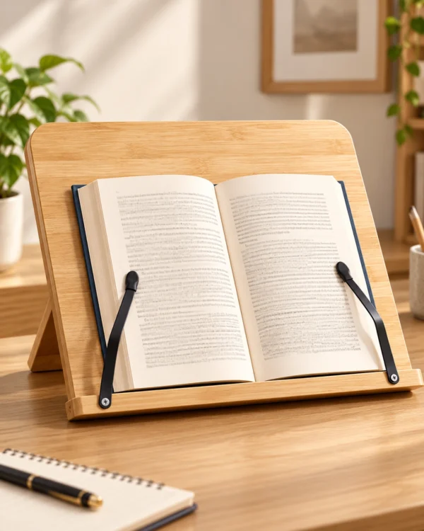 Pupitre de lecture réglable en bois avec livre ouvert