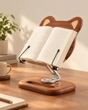 Pupitre de lecture Shiba en bois avec livre ouvert, vue de trois quarts