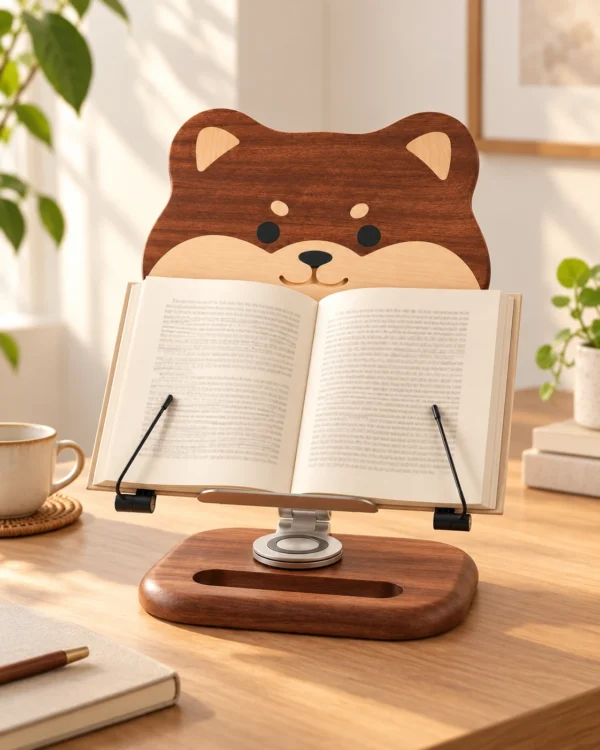 Pupitre Shiba tenant un livre ouvert, vue de face